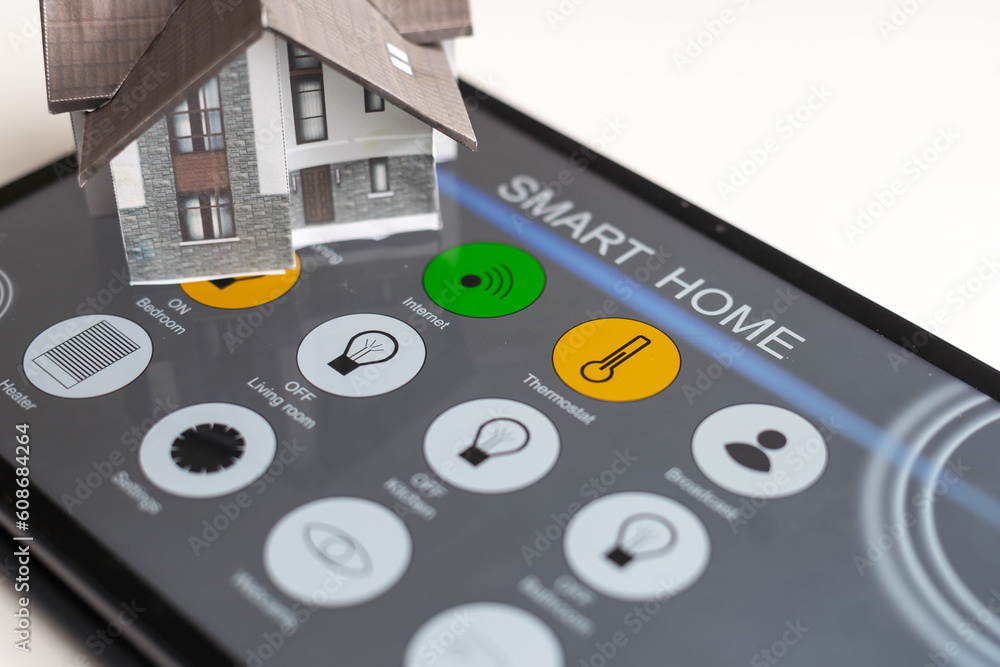 Poster small house model is on table and icons home electronics devices connecting with wireless. smart hom