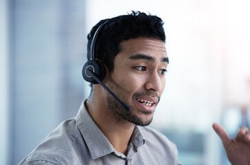 Talking, call center and business man telemarketing, customer service and support in office. Crm,...