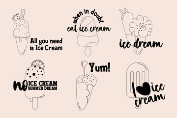 Ice cream outline set of doodle badge label design with lettering