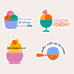Set of  stickers different ice cream lettering style hand drawn
