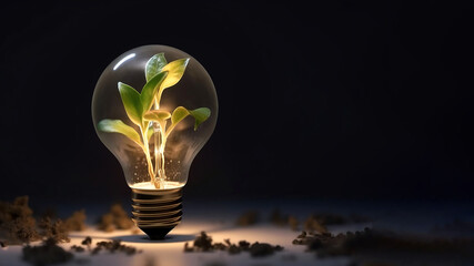 Idea Incubator, Innovation, Original Inventions, Green and Sustainable Energy and Solutions Concept Image. Sprout in a Light Bulb against the Black Background with Copy Space. Generative AI.