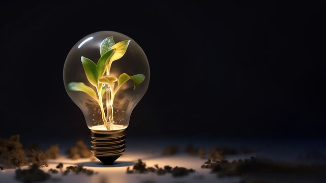 Idea Incubator, Innovation, Original Inventions, Green and Sustainable Energy and Solutions Concept Image. Sprout in a Light Bulb against the Black Background with Copy Space. Generative AI.