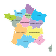 France map background with regions and region names in color. France map isolated on white background. Vector illustration