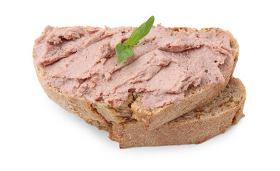 Delicious liverwurst sandwich with basil isolated on white