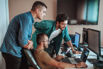 Programmers engrossed in deep collaboration, diligently working together to solve complex problems...