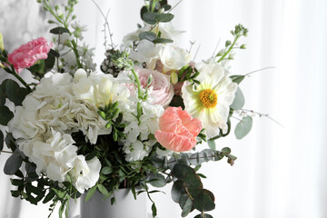 Bouquet of beautiful flowers on white background, closeup