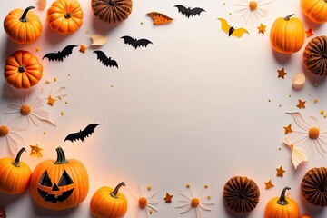 Naklejka na ściany i meble Halloween Holiday Background Decoration, White Backdrop Pumpkin and Bats Flat Lay. Generative AI