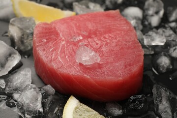 Raw tuna fillet and ice cubes on dark table, closeup