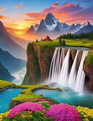 Waterfall in the mountains Generated AI Images, Generated AI, Generated, AI 