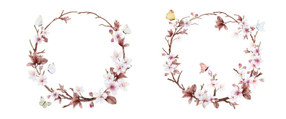 Set of Watercolor cherry blossom wreath and butterflies