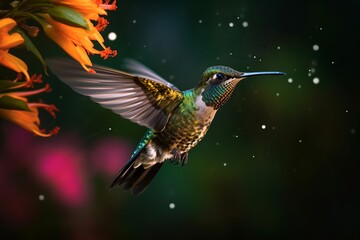 Naklejka na ściany i meble A mesmerizing image capturing a hummingbird in mid-flight, its wings a blur of motion as it gracefully approaches a vibrant flower to collect nectar. 