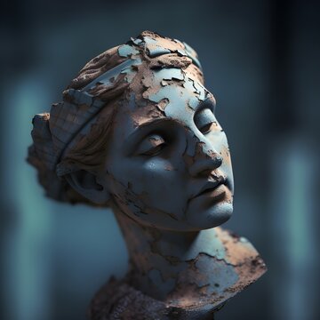 Broken ancient greek statue woman head falling in pieces., cracking bust, lo fi, lofi. AI generated
