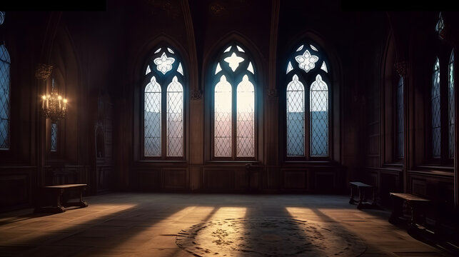 Empty dark room in gothic style with large windows