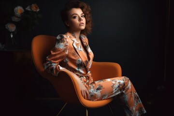 Fototapeta na wymiar Model Lady in Elegant Colorful Floral Suit Sitting on a Chair. Boss Woman Modeling in an Arrogant Posture. Generative AI illustration.
