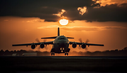 Fototapeta na wymiar Silhouette of cargo airplane taking off at dusk, moving down generated by AI