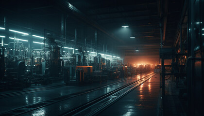 Inside the modern factory, steel machinery illuminates the underground workshop generated by AI