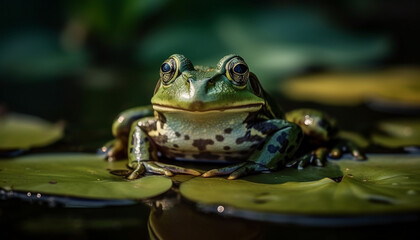 Obraz premium Green bullfrog sitting on wet leaf, looking at camera outdoors generated by AI