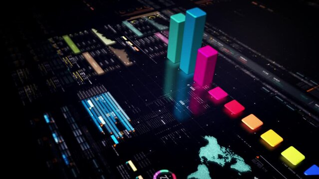 A businessman analyzing stock market, crypto trading, info graphic with animated graphs, charts and data numbers insight on a transparent monitor display screen. Business concept