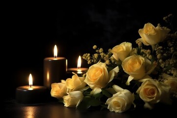 Burning candles and flowers on black background with space. Generative AI