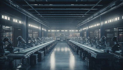 Futuristic robotic factory with automated machinery in a clean environment generated by AI