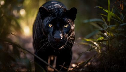 The endangered black feline stares, walking through the tropical rainforest generated by AI