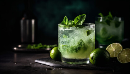 A refreshing mojito cocktail with lime, mint, and ice cubes generated by AI