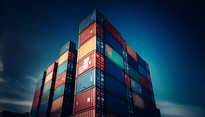 Fototapeta premium Multi colored cargo containers stack on illuminated commercial dock at dusk generated by AI