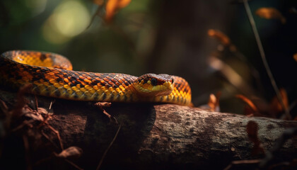 Poisonous pit viper crawls through tropical rainforest, displaying natural beauty generated by AI