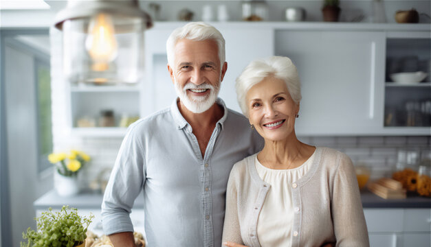 retired couple in the kitchen portrait looking at camera, smiling senior couple at home, created with Generative AI