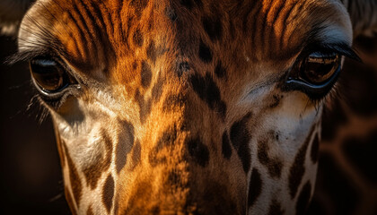 Naklejka premium Endangered giraffe grazes on savannah, striped coat catches eye generated by AI