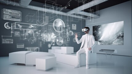 a person wearing a VR headset in a high-tech and clean space.