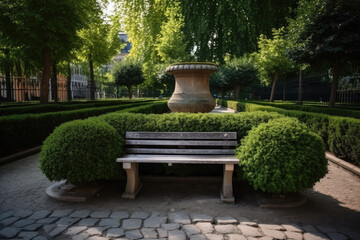 City park with trimmed hedge and wooden bench with vase at summer, created with Generative AI