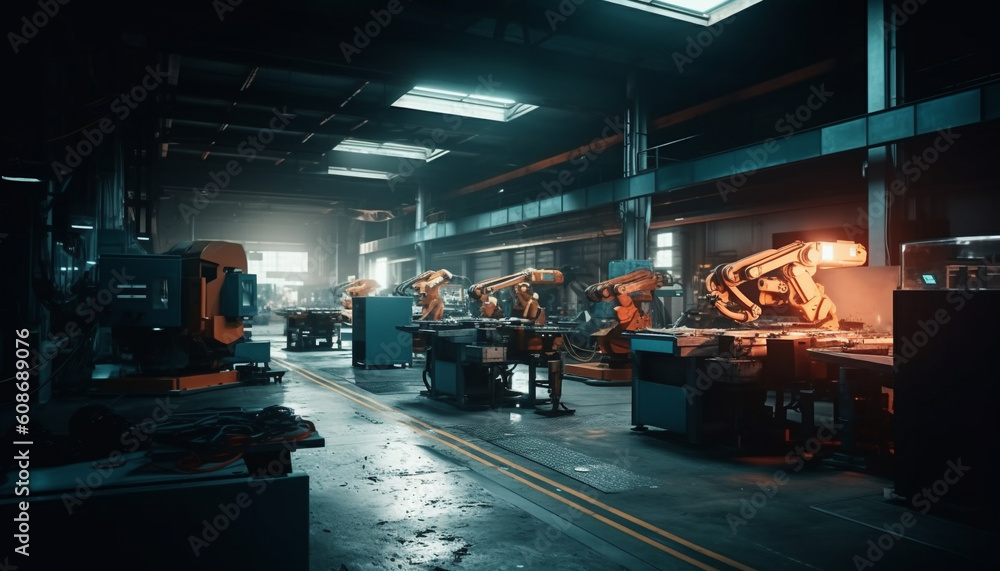 Aufkleber metal workers in a busy factory use automated machinery and expertise generated by ai