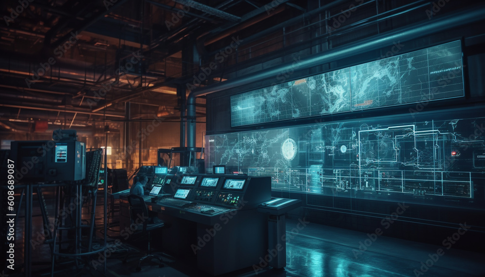 Poster futuristic factory uses automated robotic arm for manufacturing equipment control generated by ai