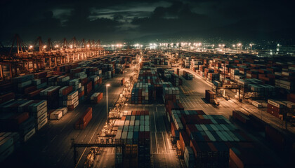 Container ship unloading heavy cargo at illuminated commercial dock at dusk generated by AI