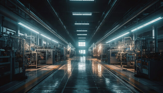 Inside the futuristic factory, machinery illuminates the steel pipeline reflection generated by AI