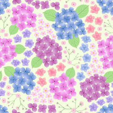 Hydrangea floral print. Blue pink purple Hortensia flowers seamless pattern. ditsy floral pattern. good for fabric, fashion design, summer dress, pajama, kimono, wallpaper, background, textile.