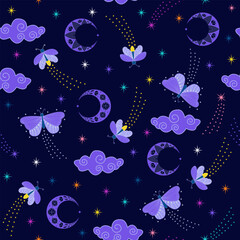 starry night sky seamless pattern. blue moon, cloud, butterfly and firefly seamless pattern. twinkle little stars. good for fabric, bedding, fashion design, pajama, textile, wallpaper, background.
