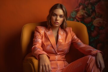 Fototapeta premium Model Lady in Elegant Colorful Suit Sitting on a Chair. Boss Woman Modeling in an Arrogant Posture. Generative AI illustration.