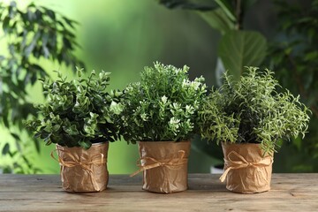Different artificial potted herbs on wooden table outdoors
