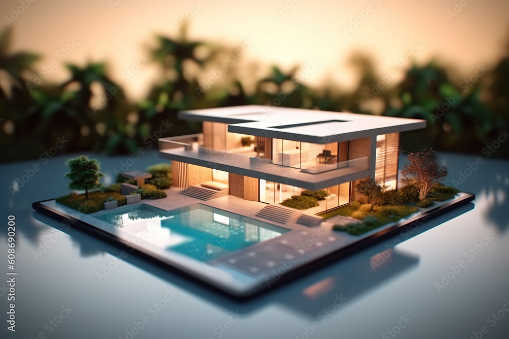 Poster a model of a modern house with a pool. generative ai.