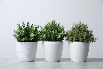 Different artificial potted herbs on light grey table