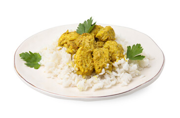 Delicious rice and chicken with curry sauce isolated on white