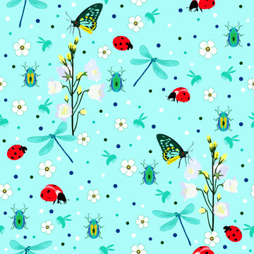 animal seamless pattern. dragonfly, butterfly, bee, ladybug, beetle, floral print. animal pattern. good for fabric, fashion design, wallpaper, bedding, linen, summer spring clothing,  background.