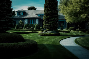 House with a trimmed lawn and bushes in the neighborhood, tranquil serenity, elegant, vibrant, symmetrical arrangements. Generative Ai.