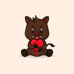 Vector cute baby boar cartoon happy holding gift flat icon illustration. Flat bear vector illustration, flat icon sticker isolated.