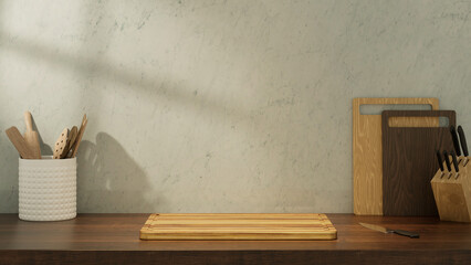 Kitchen showroom with empty space and kitchen desk. Mock-up for presentation, branding products, cosmetics food.