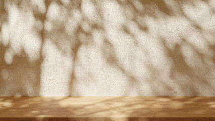Empty table on light beige texture wall background. Leaves shadow on the wall. Mock up for presentation, branding products, cosmetics food or jewellery.