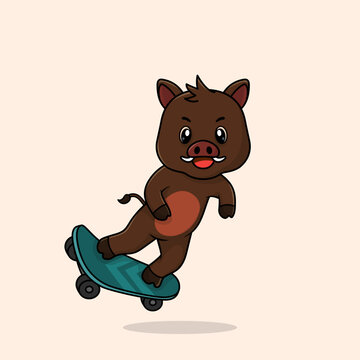 Vector cute baby boar cartoon playing skateboard icon flat illustration. Flat bear vector illustration, flat icon sticker isolated.