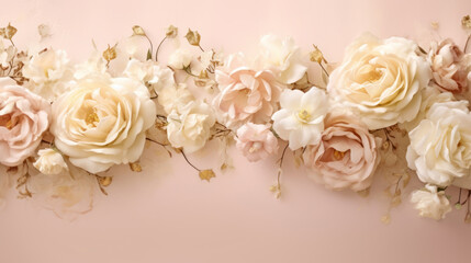 Fototapeta na wymiar elegant garland of light roses on a light background, created using AI tools